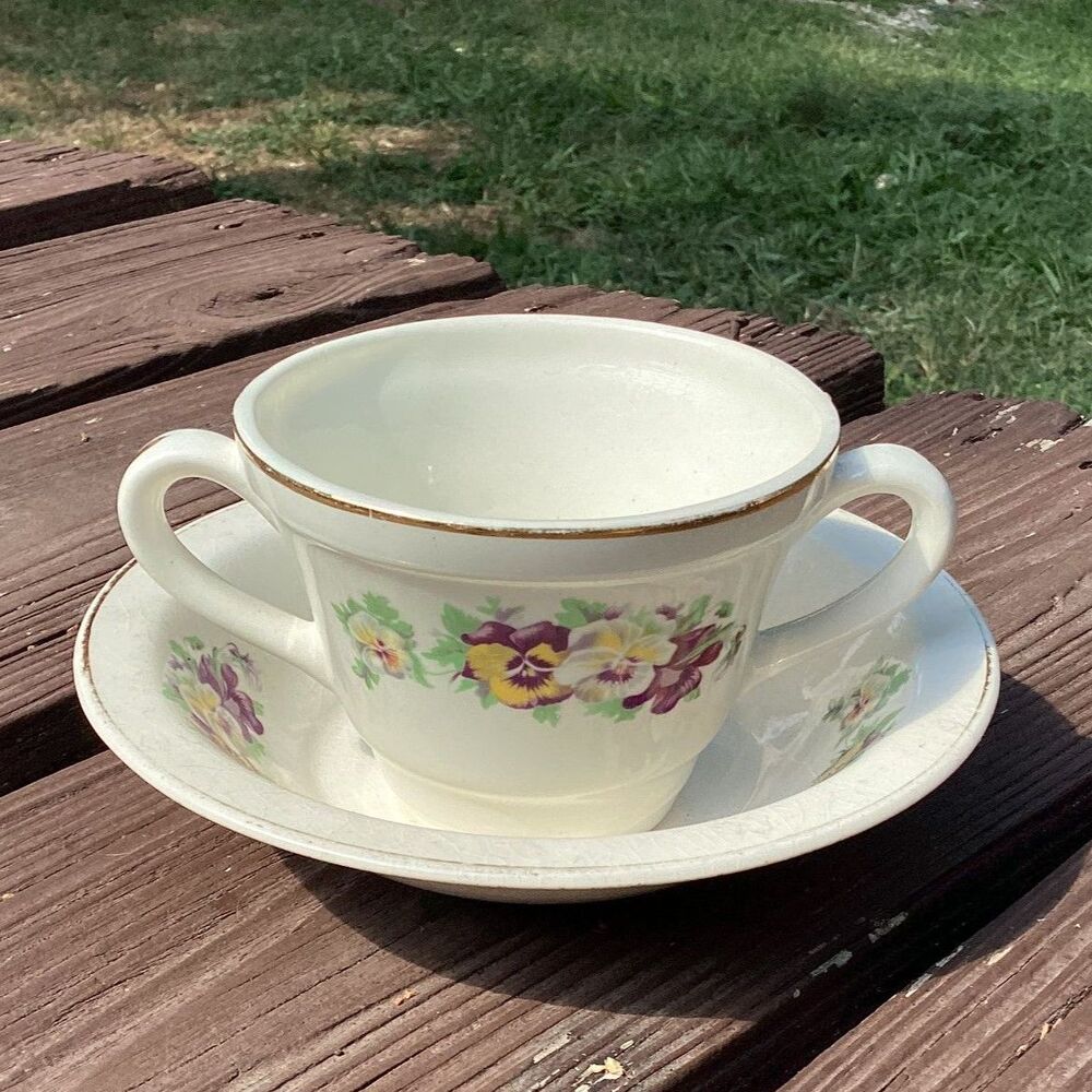 Vintage Pansy Floral Soup Cup Bowl‎ Set Gold Rim Cream USA Made